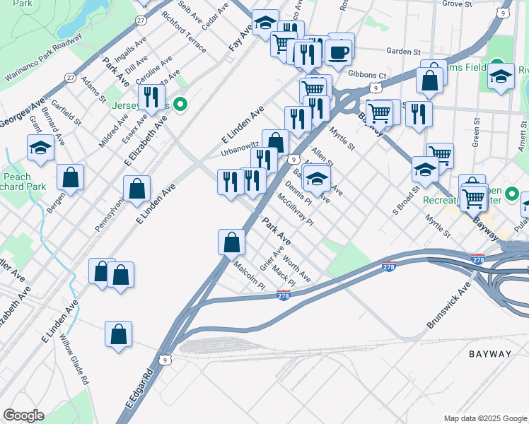 map of restaurants, bars, coffee shops, grocery stores, and more near 2000 East Edgar Road in Linden