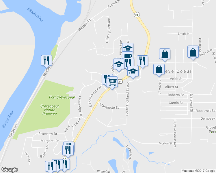 map of restaurants, bars, coffee shops, grocery stores, and more near 111 S Main St in Creve Coeur