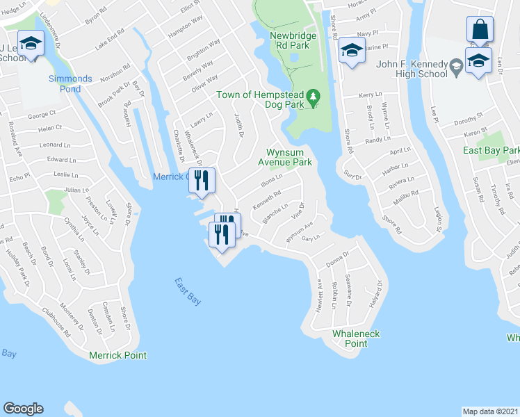 map of restaurants, bars, coffee shops, grocery stores, and more near 2050 Kenneth Road in Merrick