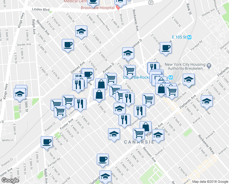 map of restaurants, bars, coffee shops, grocery stores, and more near 9206 Foster Avenue in Brooklyn