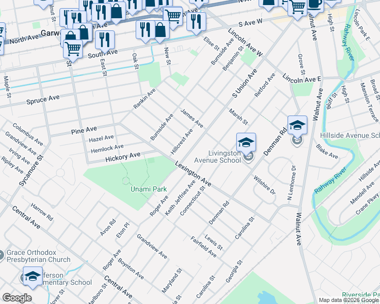 map of restaurants, bars, coffee shops, grocery stores, and more near 355 South Union Avenue in Cranford