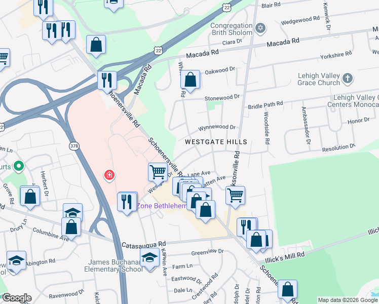 map of restaurants, bars, coffee shops, grocery stores, and more near 1447 Roselawn Dr in Bethlehem
