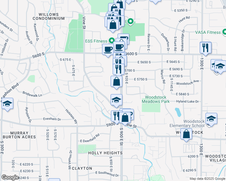map of restaurants, bars, coffee shops, grocery stores, and more near 5802 900 East in Murray
