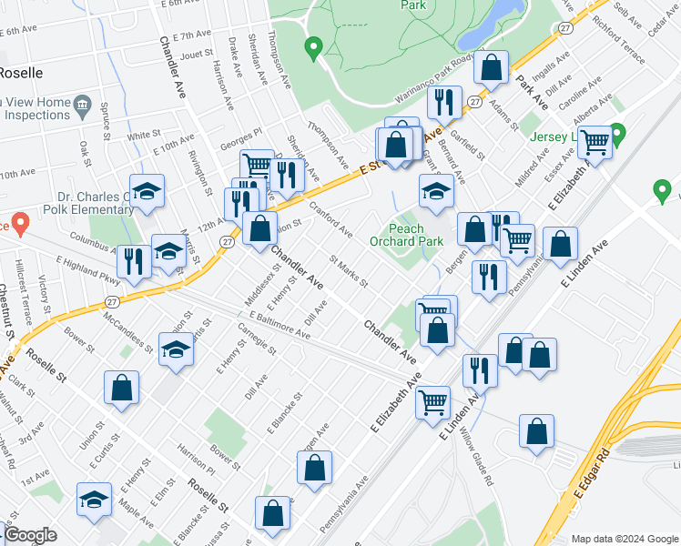 map of restaurants, bars, coffee shops, grocery stores, and more near 1227 Dill Avenue in Linden