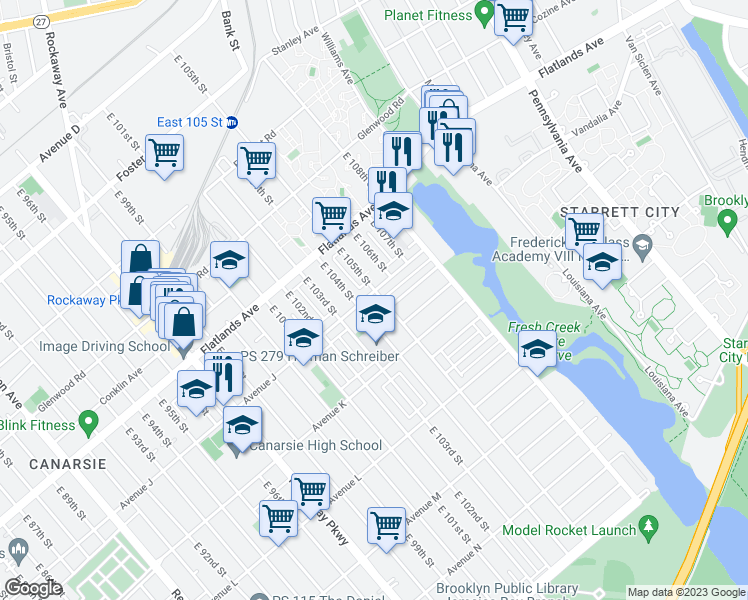 map of restaurants, bars, coffee shops, grocery stores, and more near 1006 East 105th Street in Brooklyn