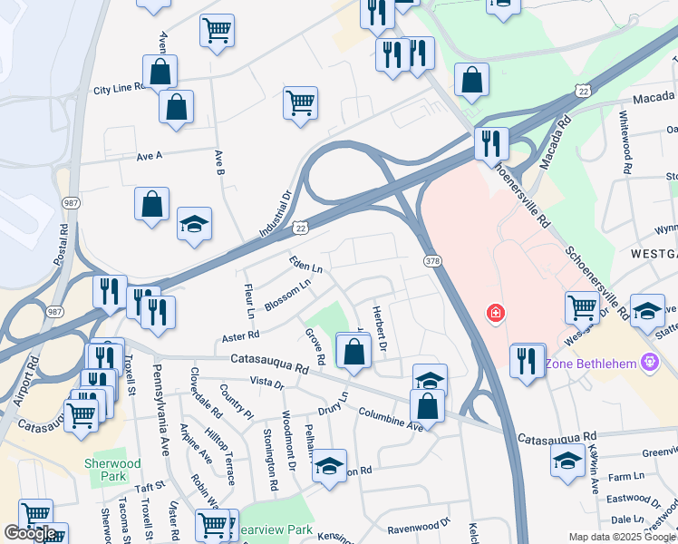 map of restaurants, bars, coffee shops, grocery stores, and more near 2325 Eden Lane in Bethlehem