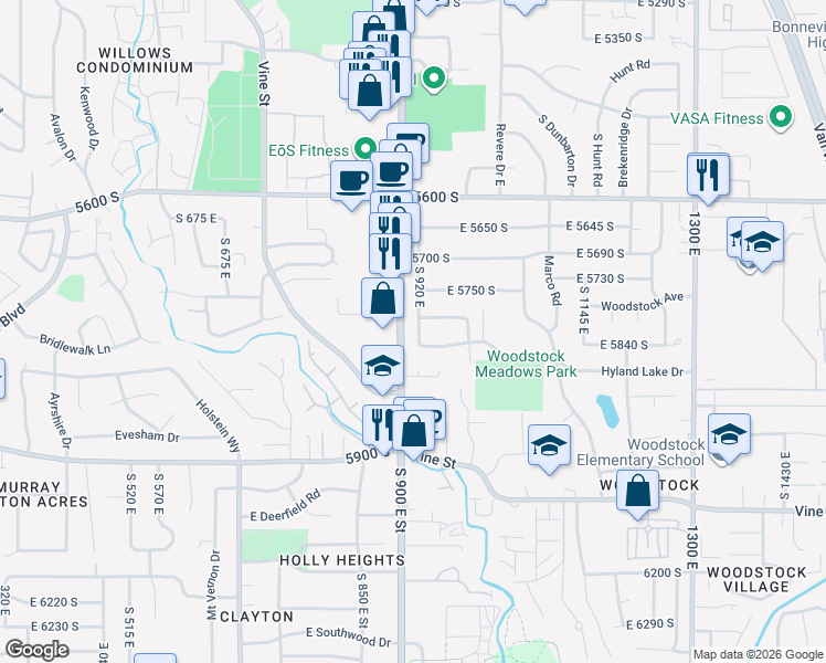 map of restaurants, bars, coffee shops, grocery stores, and more near 5814 South 920 East in Murray