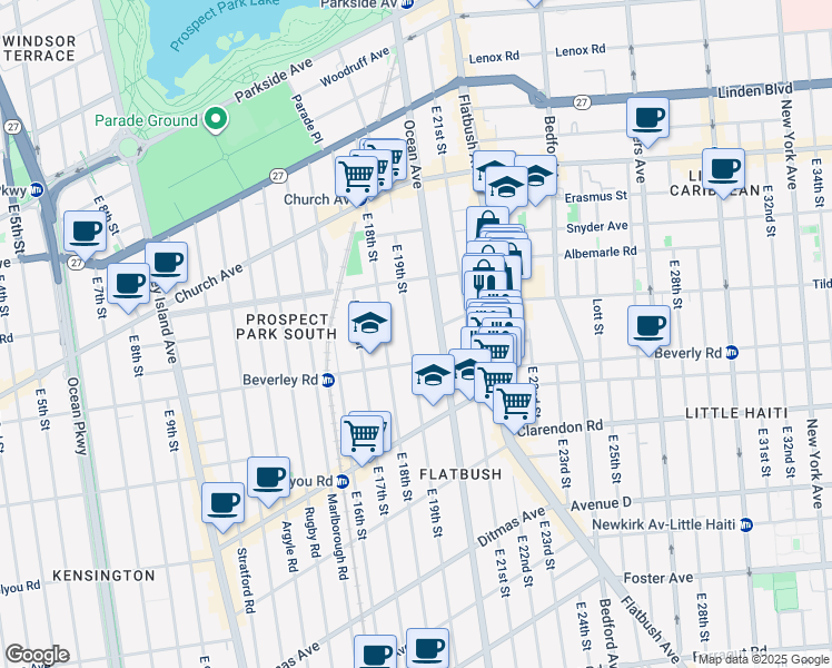 map of restaurants, bars, coffee shops, grocery stores, and more near 163 East 19th Street in Brooklyn