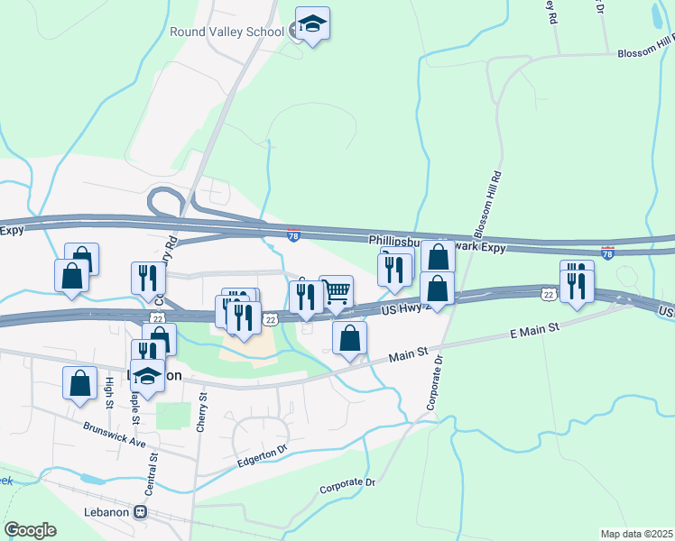 map of restaurants, bars, coffee shops, grocery stores, and more near 600 Corporate Drive in Lebanon