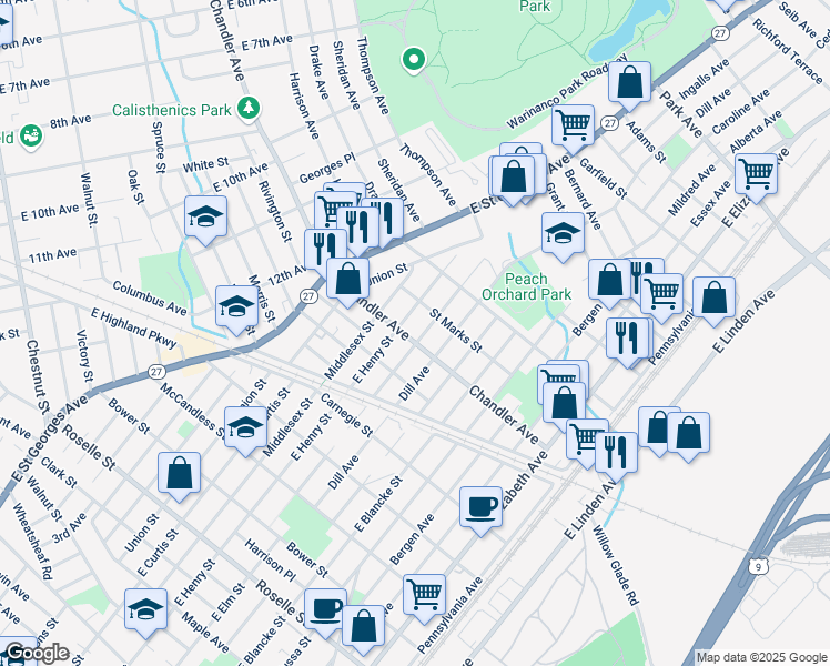 map of restaurants, bars, coffee shops, grocery stores, and more near 804 Chandler Avenue in Linden