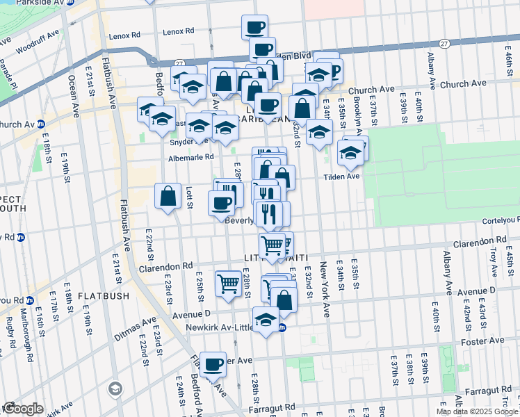 map of restaurants, bars, coffee shops, grocery stores, and more near 159 East 29th Street in Brooklyn