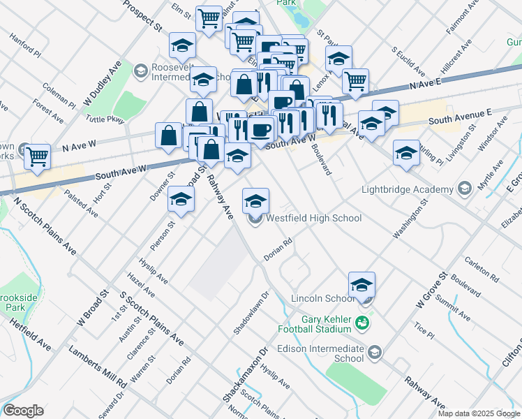 map of restaurants, bars, coffee shops, grocery stores, and more near 550 Trinity Place in Westfield
