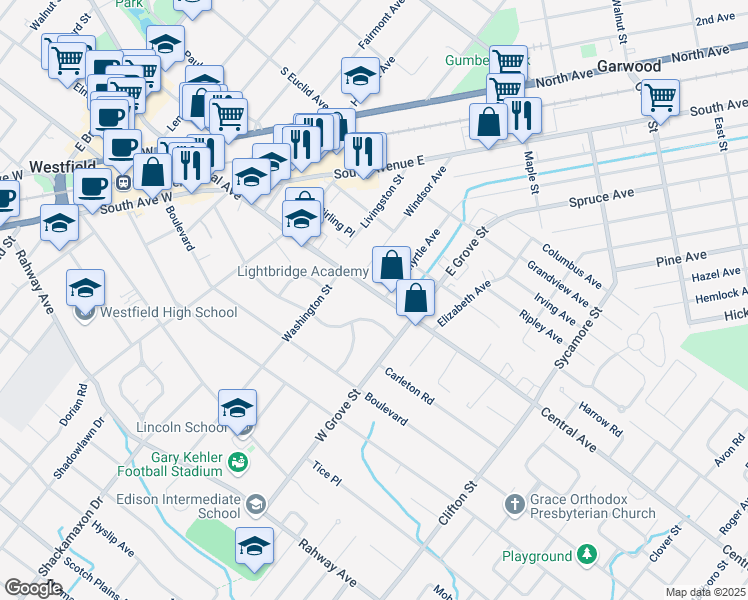 map of restaurants, bars, coffee shops, grocery stores, and more near 738 Central Avenue in Westfield