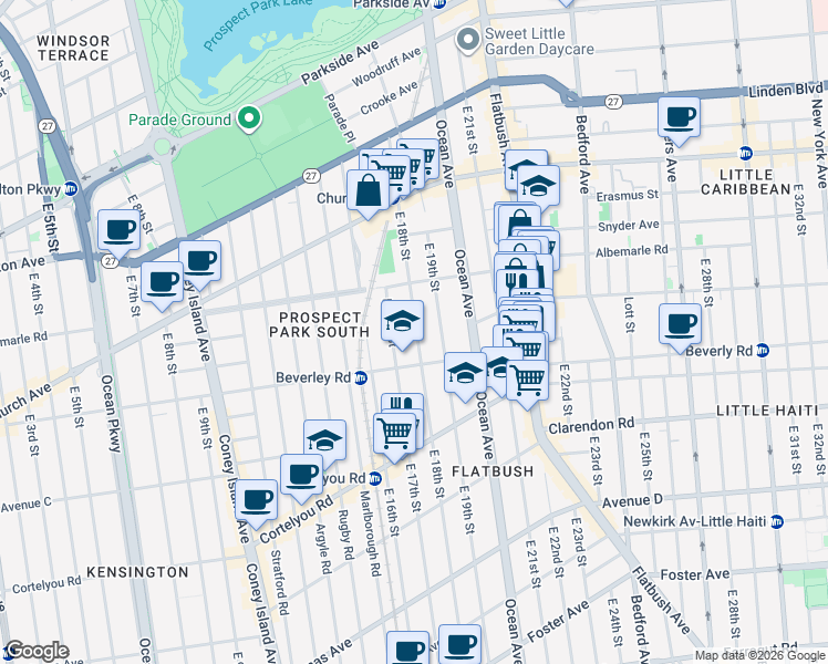 map of restaurants, bars, coffee shops, grocery stores, and more near 229 East 18th Street in Brooklyn