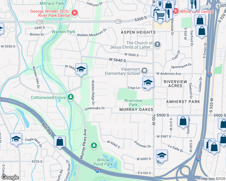 map of restaurants, bars, coffee shops, grocery stores, and more near 5776 Tripp Lane in Murray