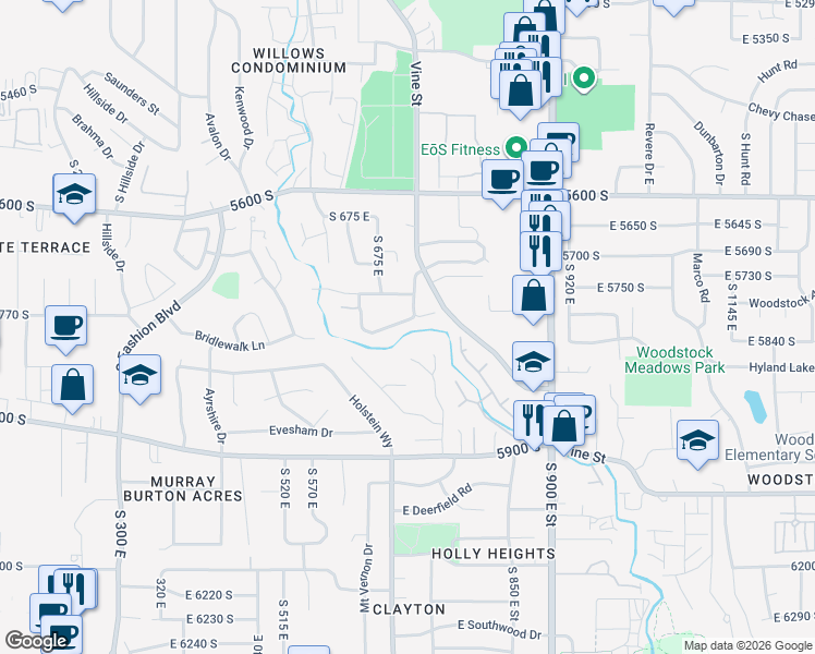map of restaurants, bars, coffee shops, grocery stores, and more near 718 Oxford Hollow Court in Murray