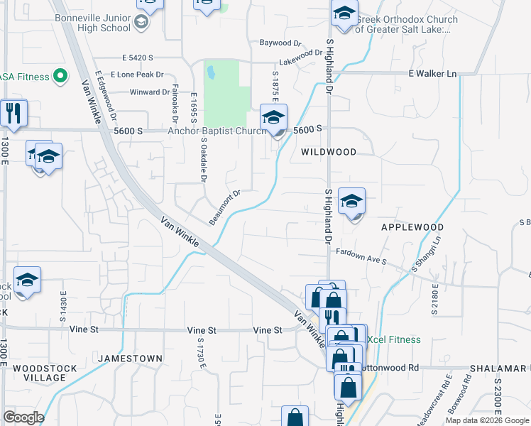 map of restaurants, bars, coffee shops, grocery stores, and more near 1860 Frontier Road South in Holladay