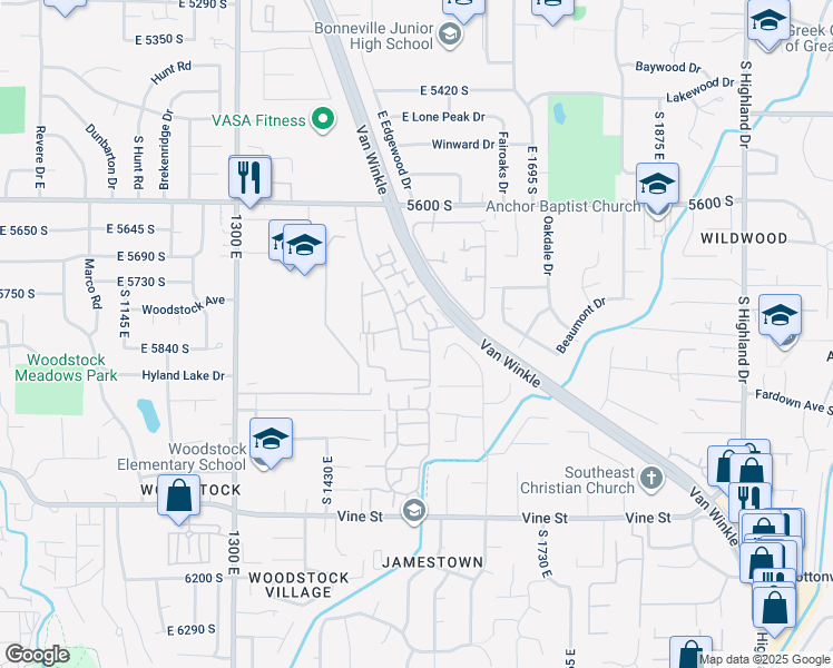 map of restaurants, bars, coffee shops, grocery stores, and more near 1571 East Waterbury Drive in Murray
