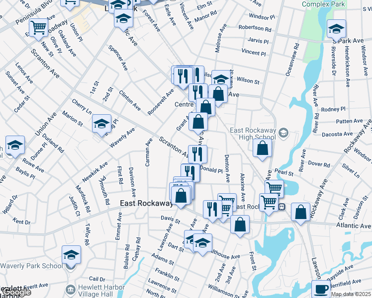 map of restaurants, bars, coffee shops, grocery stores, and more near 741 Scranton Avenue in East Rockaway