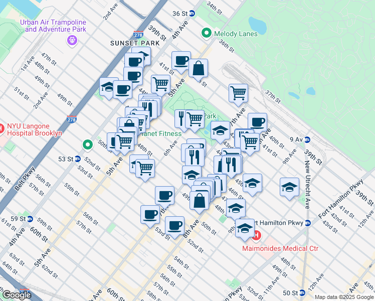map of restaurants, bars, coffee shops, grocery stores, and more near 654 45th Street in Brooklyn