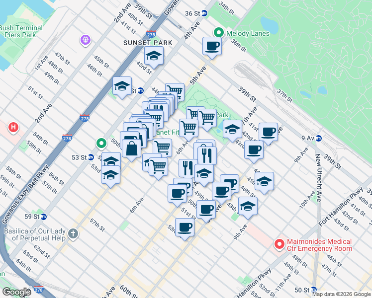 map of restaurants, bars, coffee shops, grocery stores, and more near 614 46th Street in Brooklyn