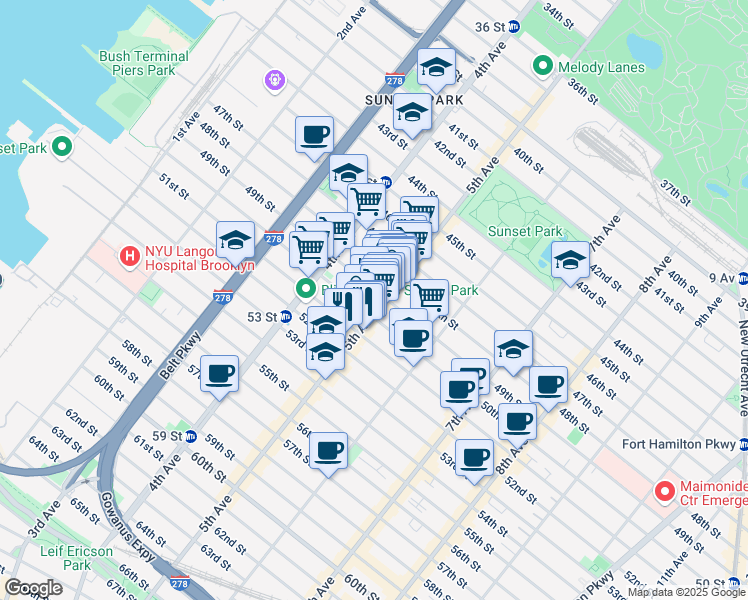 map of restaurants, bars, coffee shops, grocery stores, and more near 4802 5th Avenue in Brooklyn