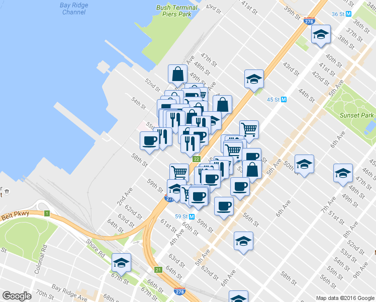 map of restaurants, bars, coffee shops, grocery stores, and more near 5406 3rd Avenue in Brooklyn