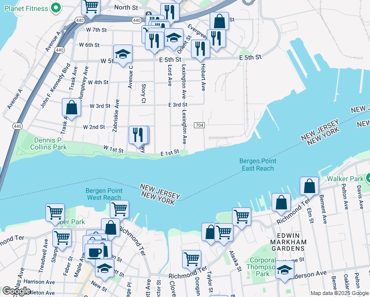 map of restaurants, bars, coffee shops, grocery stores, and more near 46-98 East 1st Street in Bayonne