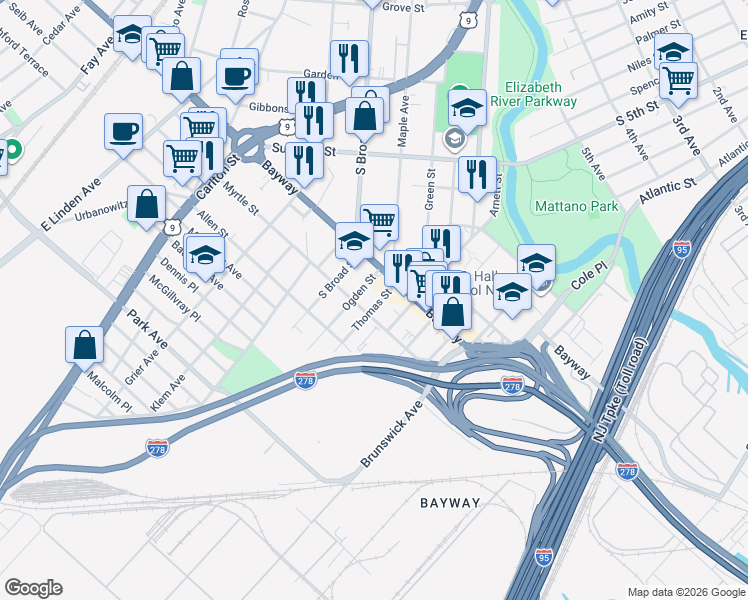 map of restaurants, bars, coffee shops, grocery stores, and more near 727 Thomas Street in Elizabeth