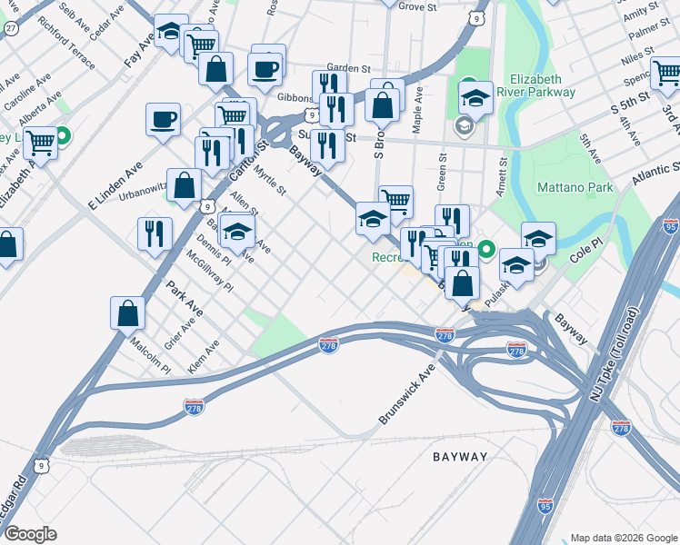 map of restaurants, bars, coffee shops, grocery stores, and more near 763 South Broad Street in Elizabeth