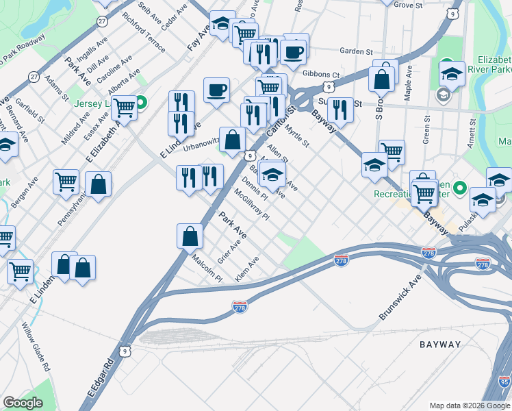 map of restaurants, bars, coffee shops, grocery stores, and more near 704 Mc Gillvray Place in Linden