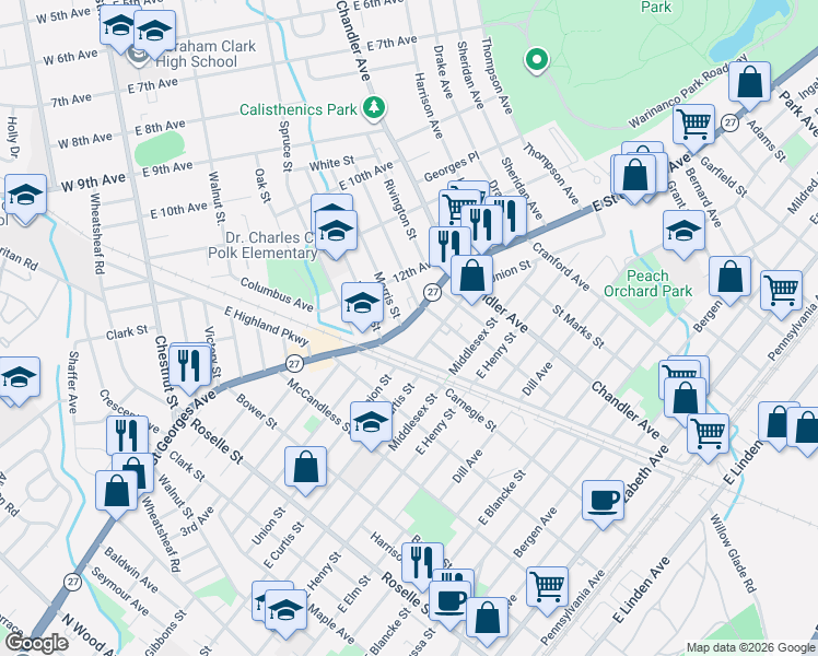 map of restaurants, bars, coffee shops, grocery stores, and more near 1140 East Saint Georges Avenue in Linden