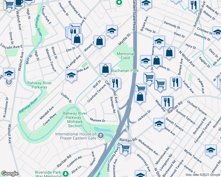 map of restaurants, bars, coffee shops, grocery stores, and more near 514 Centennial Avenue in Cranford