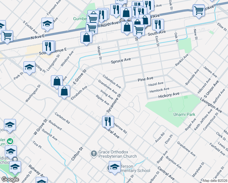 map of restaurants, bars, coffee shops, grocery stores, and more near 1022 Grandview Avenue in Westfield