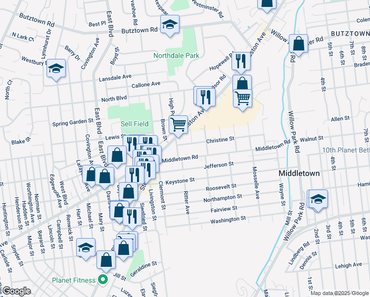 map of restaurants, bars, coffee shops, grocery stores, and more near 2820 Christine Street in Bethlehem
