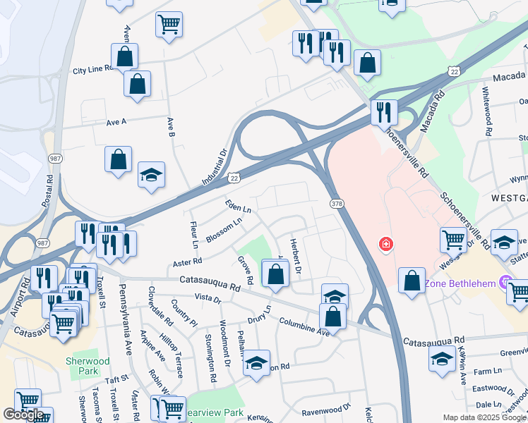 map of restaurants, bars, coffee shops, grocery stores, and more near 2325 Eden Lane in Bethlehem
