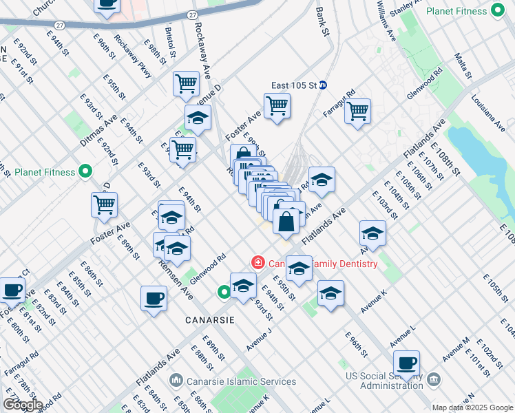 map of restaurants, bars, coffee shops, grocery stores, and more near 1041 East 96th Street in Brooklyn