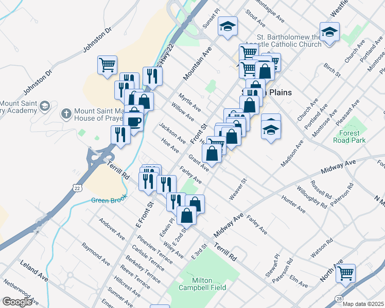 map of restaurants, bars, coffee shops, grocery stores, and more near 409 Grant Avenue in Scotch Plains