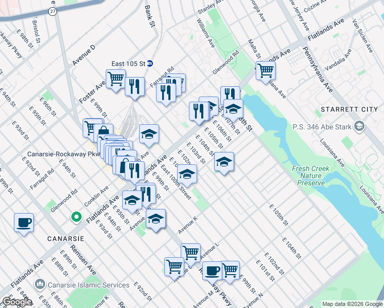 map of restaurants, bars, coffee shops, grocery stores, and more near 935 East 102nd Street in Brooklyn