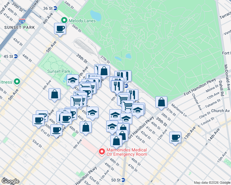 map of restaurants, bars, coffee shops, grocery stores, and more near 870 40th Street in Brooklyn