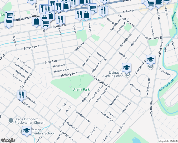 map of restaurants, bars, coffee shops, grocery stores, and more near 189 Hickory Avenue in Garwood
