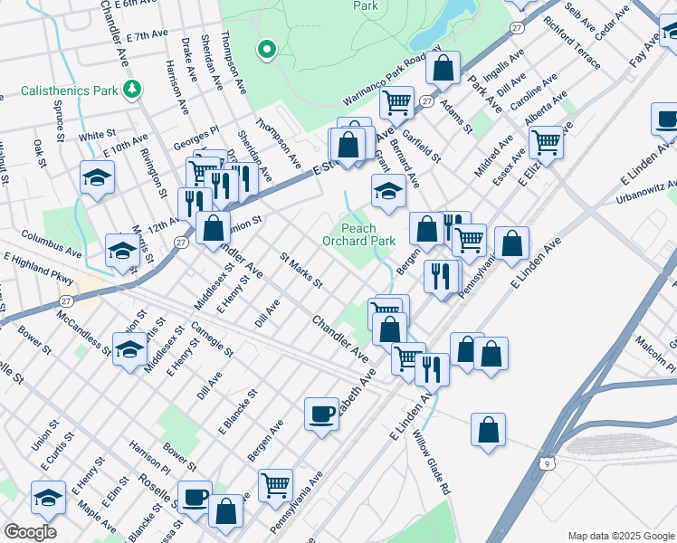 map of restaurants, bars, coffee shops, grocery stores, and more near 509 Cranford Avenue in Linden