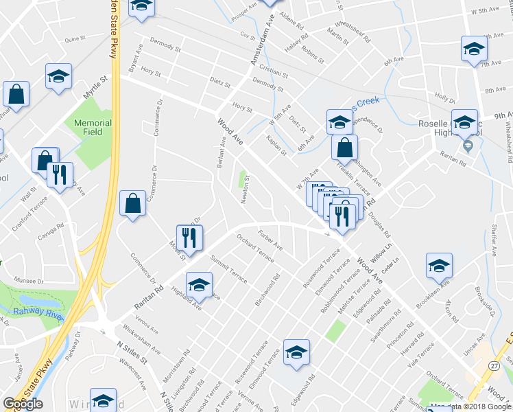 map of restaurants, bars, coffee shops, grocery stores, and more near 9 Chatham Place in Linden