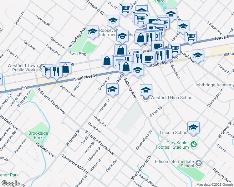 map of restaurants, bars, coffee shops, grocery stores, and more near 10 Osborn Avenue in Westfield
