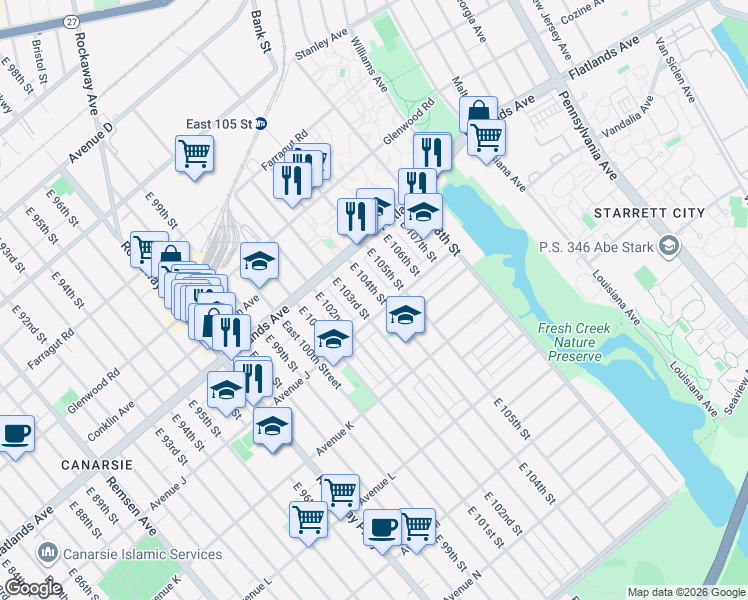 map of restaurants, bars, coffee shops, grocery stores, and more near 974 East 104th Street in Brooklyn