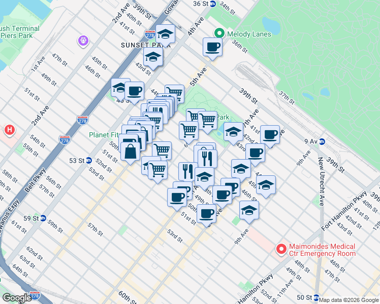 map of restaurants, bars, coffee shops, grocery stores, and more near 614 46th Street in Brooklyn