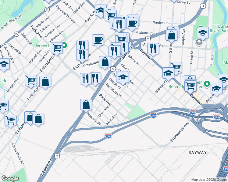 map of restaurants, bars, coffee shops, grocery stores, and more near 704 Mc Gillvray Place in Linden