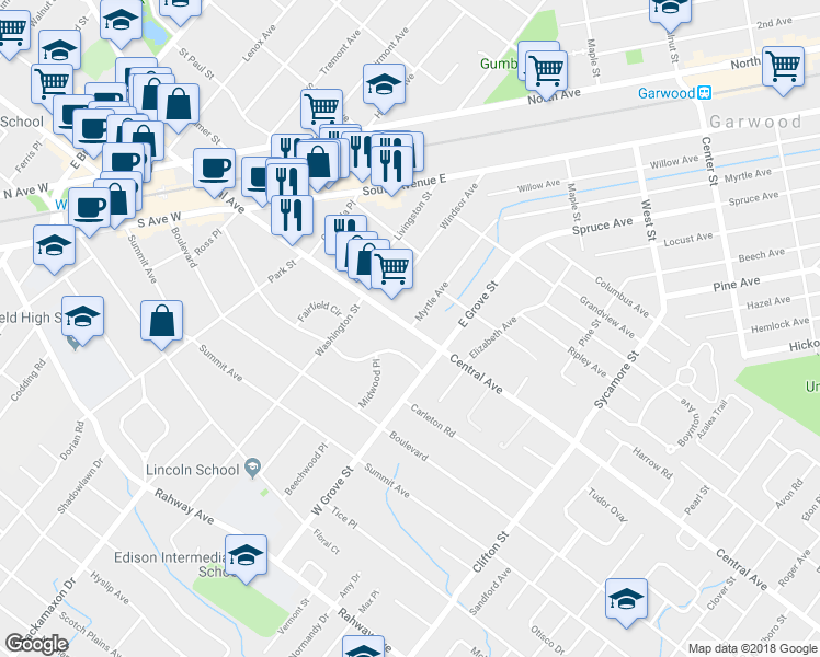 map of restaurants, bars, coffee shops, grocery stores, and more near Central Avenue & Myrtle Avenue in Westfield