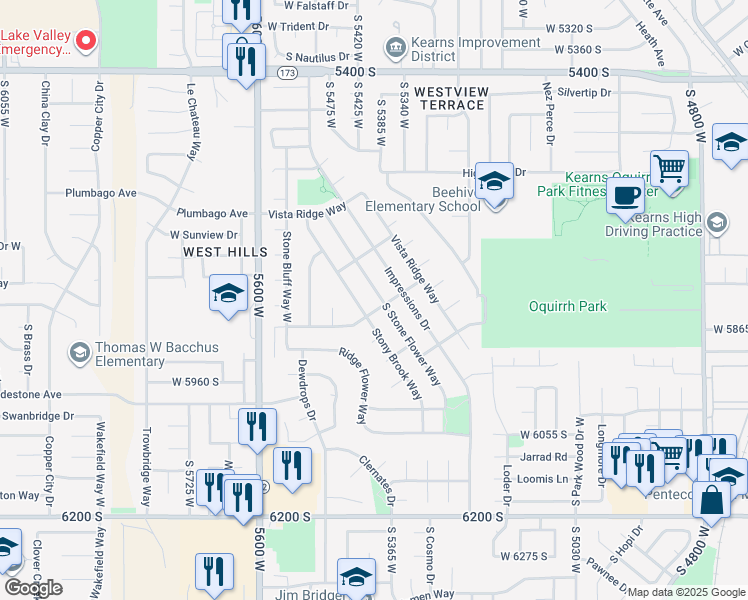 map of restaurants, bars, coffee shops, grocery stores, and more near 5806 South Stone Flower Way in Kearns