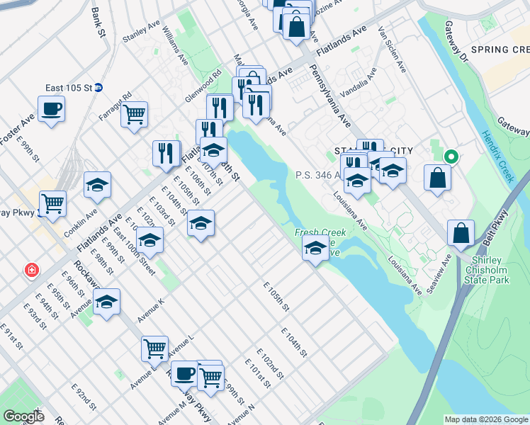 map of restaurants, bars, coffee shops, grocery stores, and more near 10714 Avenue K in Brooklyn